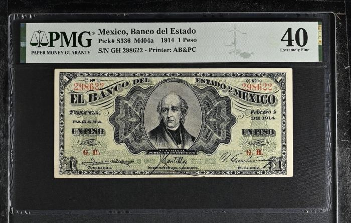 Bancos Peso 1914 Mexico M404a PMG XF40 f_35488Bancos Peso 1914 Mexico M404a PMG XF40 f_35488