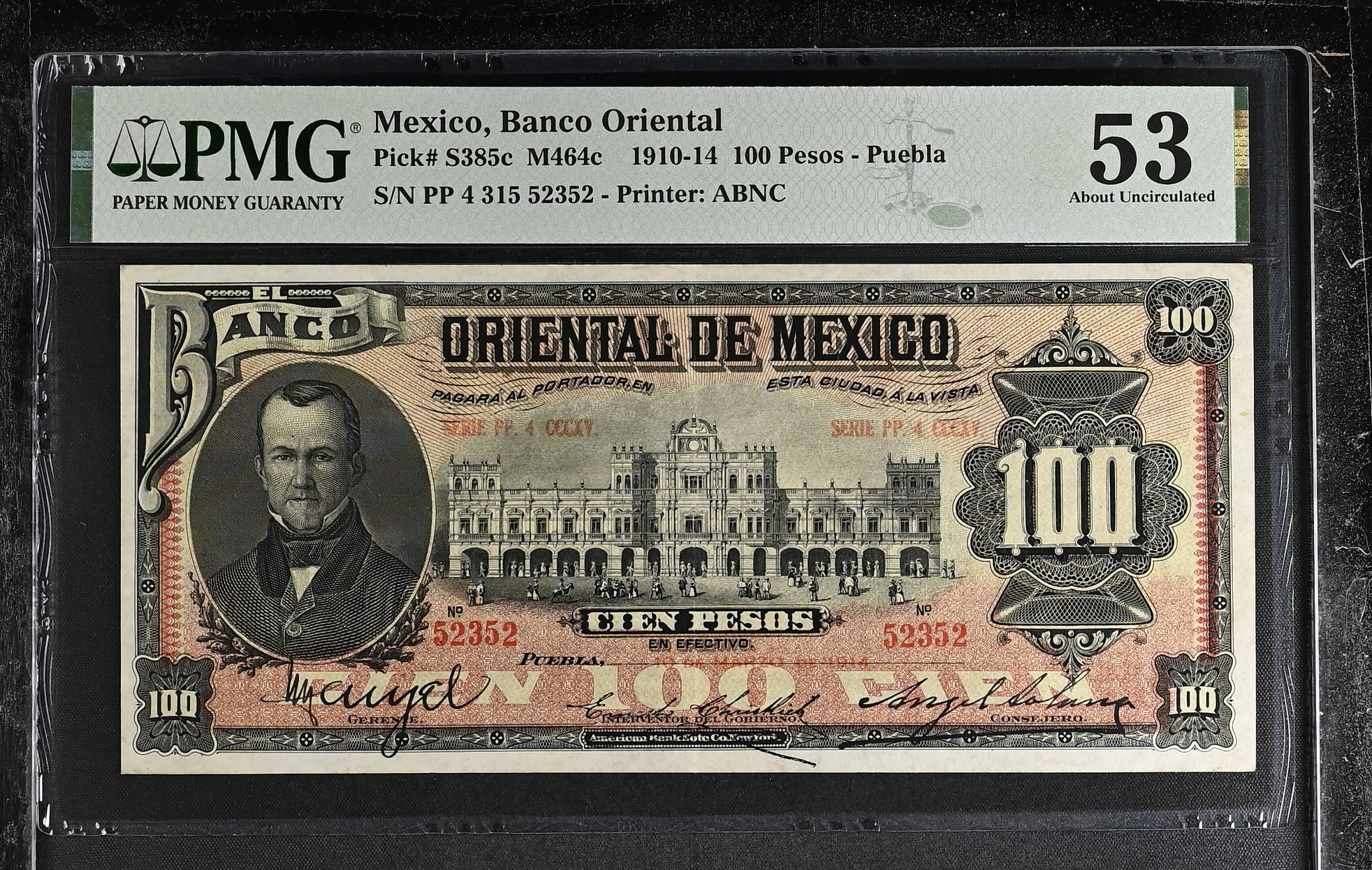 Bancos 100 Pesos 1910-14 Puebla M464c PMG AU53 f_35489
