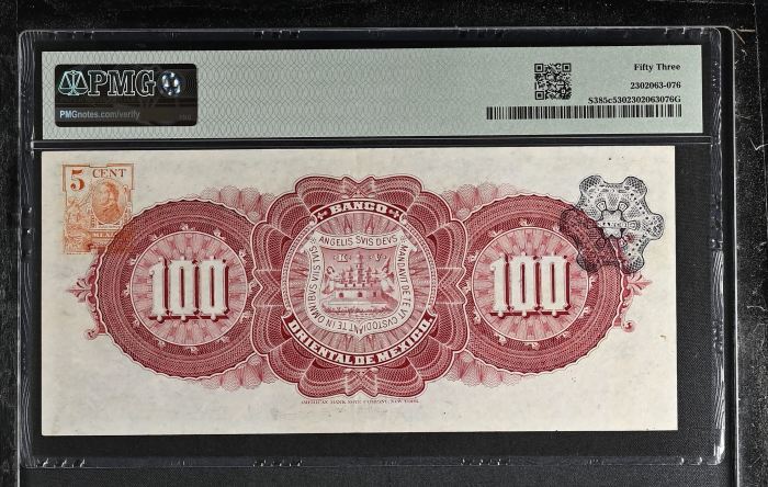 Bancos 100 Pesos 1910-14 Puebla M464c PMG AU53 f_35489Bancos 100 Pesos 1910-14 Puebla M464c PMG AU53 f_35489 - Image 2