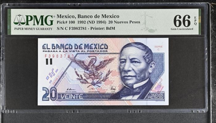 Banco De Mexico 20 Nuevos Pesos 1992 Pick #100 PMG Gem UNC66 EPQ f_35490Banco De Mexico 20 Nuevos Pesos 1992 Pick #100 PMG Gem UNC66 EPQ f_35490