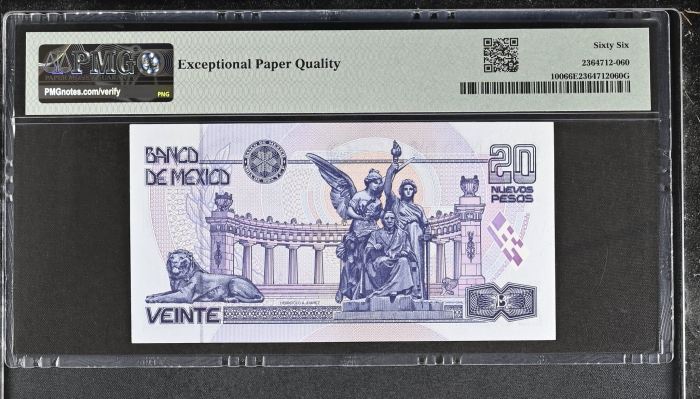 Banco De Mexico 20 Nuevos Pesos 1992 Pick #100 PMG Gem UNC66 EPQ f_35490Banco De Mexico 20 Nuevos Pesos 1992 Pick #100 PMG Gem UNC66 EPQ f_35490 - Image 2