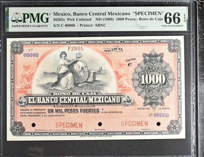 Bancos 1,000 Pesos ND Distrito Federal M205s PMG Gem UNC66 EPQ f_35491Bancos 1,000 Pesos ND Distrito Federal M205s PMG Gem UNC66 EPQ f_35491