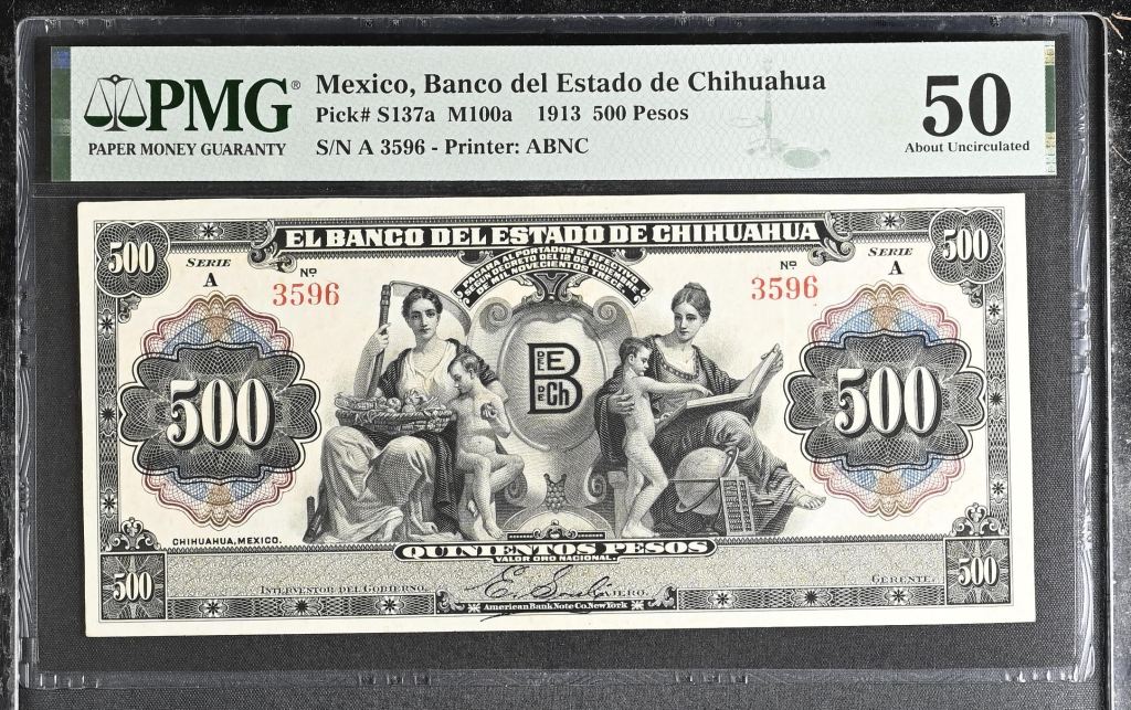 Bancos 500 Pesos 1913 Chihuahua M100a PMG AU50 f_35492