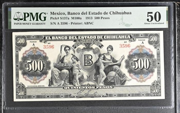 Bancos 500 Pesos 1913 Chihuahua M100a PMG AU50 f_35492Bancos 500 Pesos 1913 Chihuahua M100a PMG AU50 f_35492