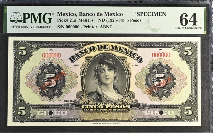 Banco De Mexico 5 Pesos ND Pick #21s PMG Ch UNC64 f_35493Banco De Mexico 5 Pesos ND Pick #21s PMG Ch UNC64 f_35493