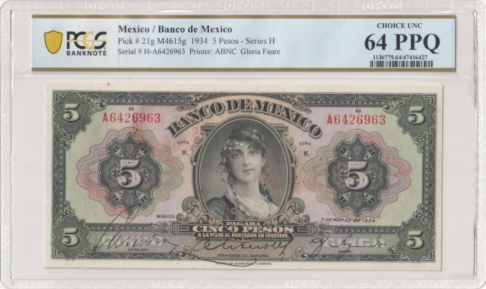 Banco De Mexico 5 Pesos 1934 Pick #21g PCGS Ch UNC64 PPQ f_35495Banco De Mexico 5 Pesos 1934 Pick #21g PCGS Ch UNC64 PPQ f_35495