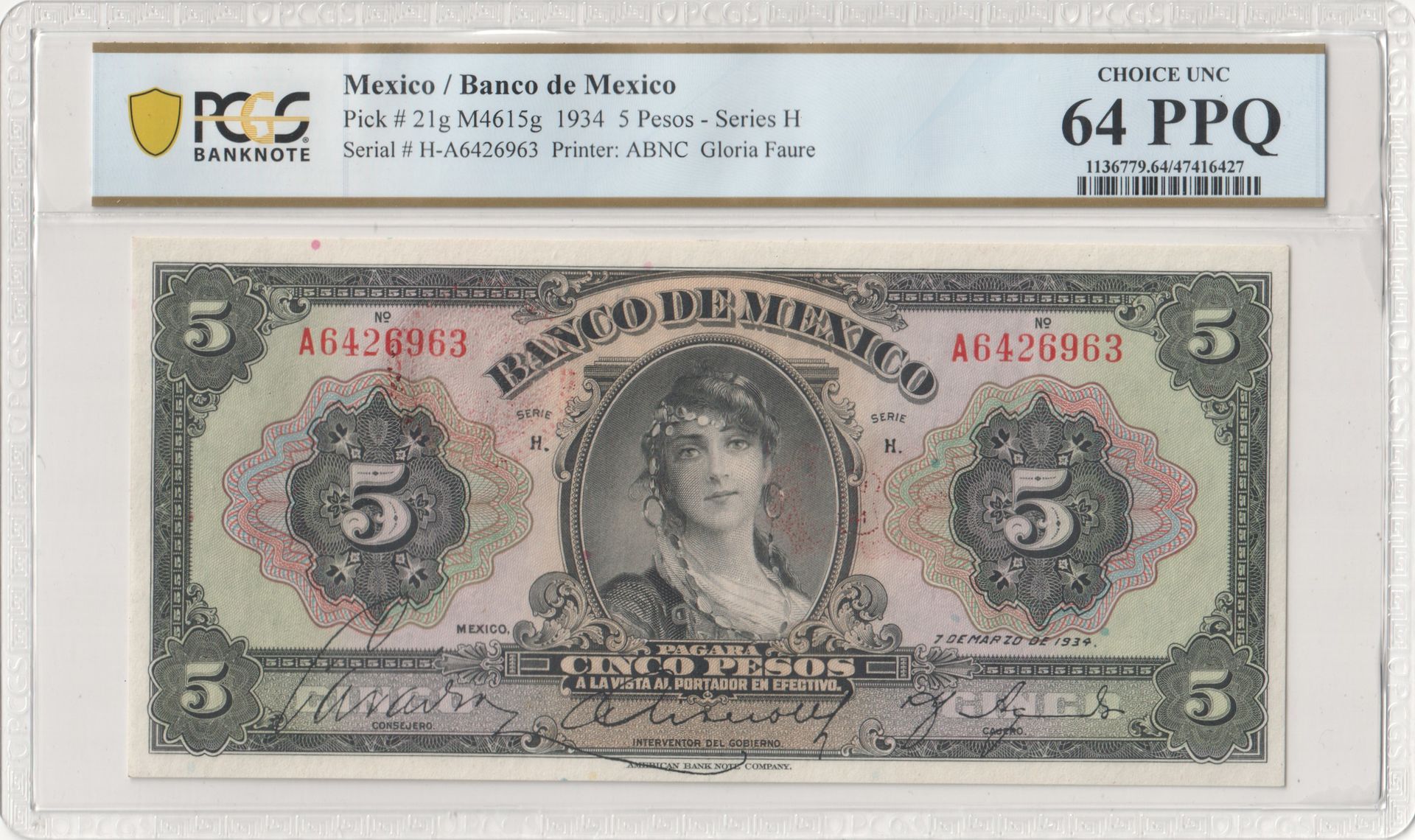 Banco De Mexico 5 Pesos 1934 Pick #21g PCGS Ch UNC64 PPQ f_35495