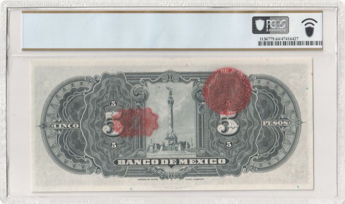 Banco De Mexico 5 Pesos 1934 Pick #21g PCGS Ch UNC64 PPQ f_35495Banco De Mexico 5 Pesos 1934 Pick #21g PCGS Ch UNC64 PPQ f_35495 - Image 2
