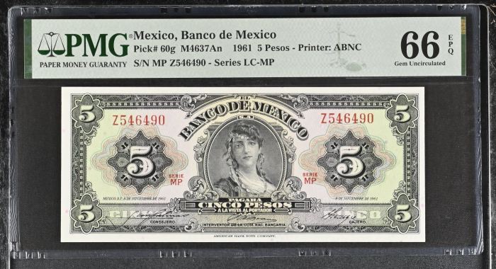 Banco De Mexico 8 Piece Specimen Set all Graded Pick #49/51/52/54/58/59/60/61 PMG Gem UNC66 EPQ 0147008Banco De Mexico 8 Piece Specimen Set all Graded Pick #49/51/52/54/58/59/60/61 PMG Gem UNC66 EPQ 0147008 - Image 3