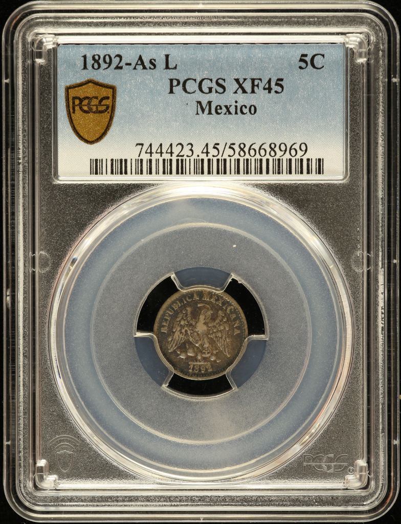 Republic Silver & Minors 5 Centavo 1892 As L PCGS XF45 0147189