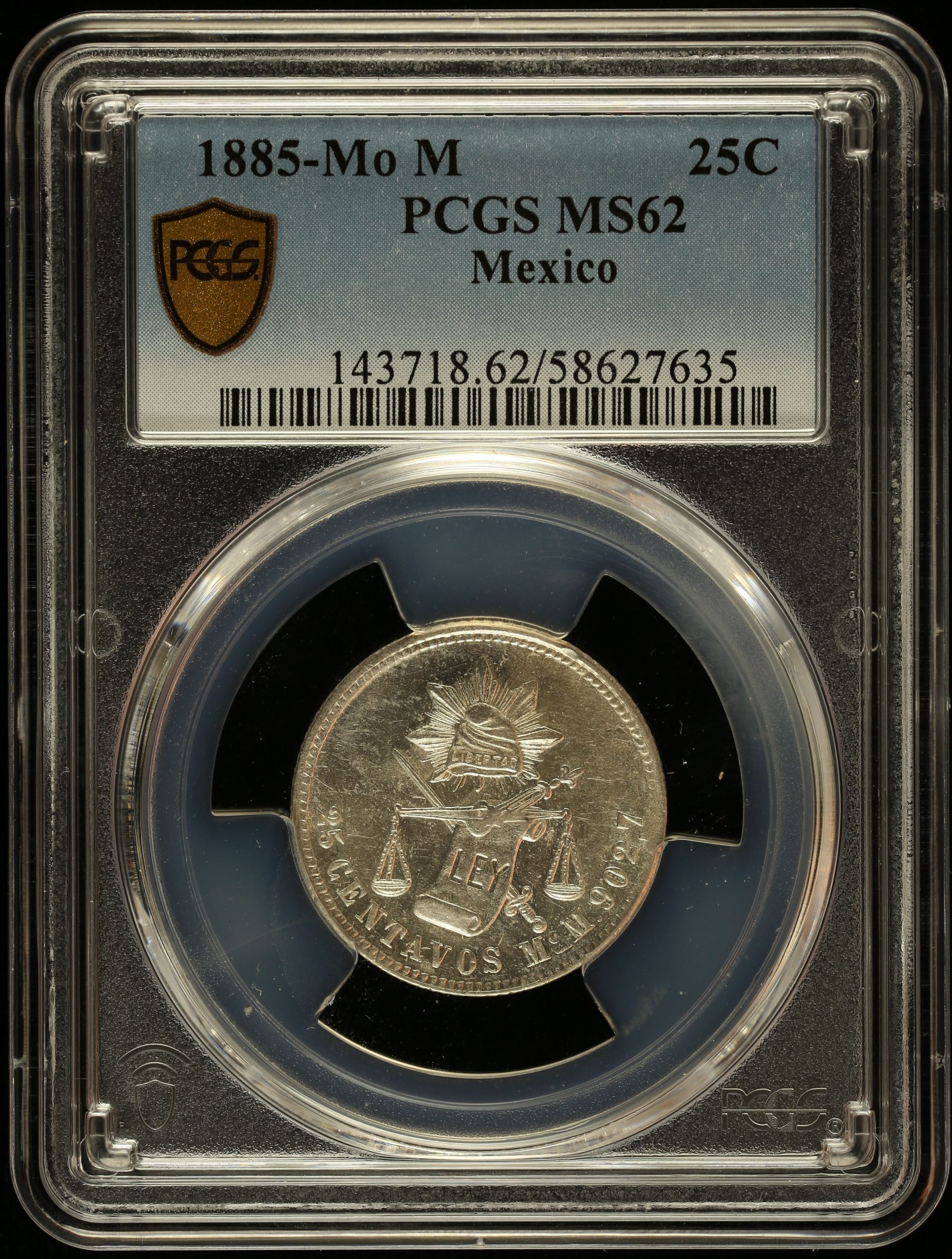 Republic Silver & Minors 25 Centavo 1885 Mo M PCGS MS62 0146988