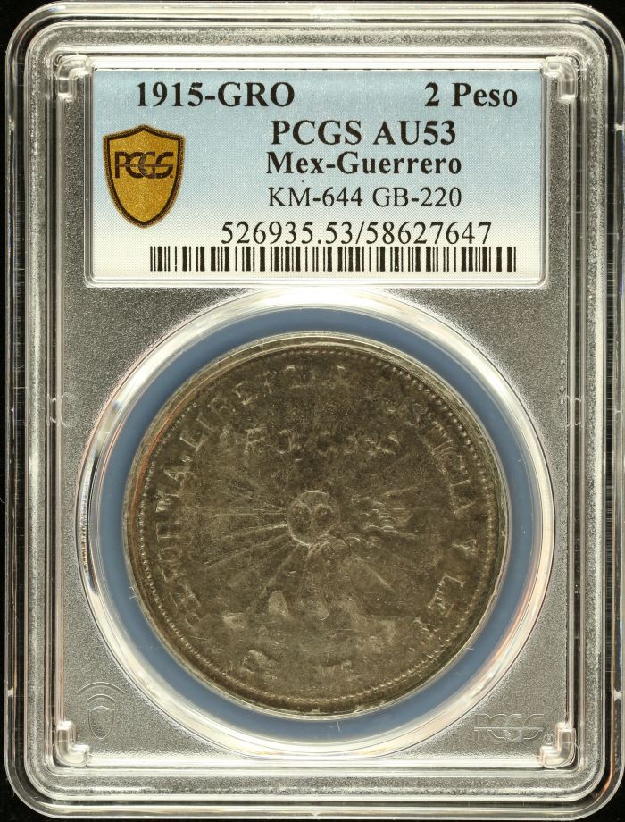 Guerrero 2 Peso 1915 GRO KM-644 PCGS AU53 0146999Guerrero 2 Peso 1915 GRO KM-644 PCGS AU53 0146999