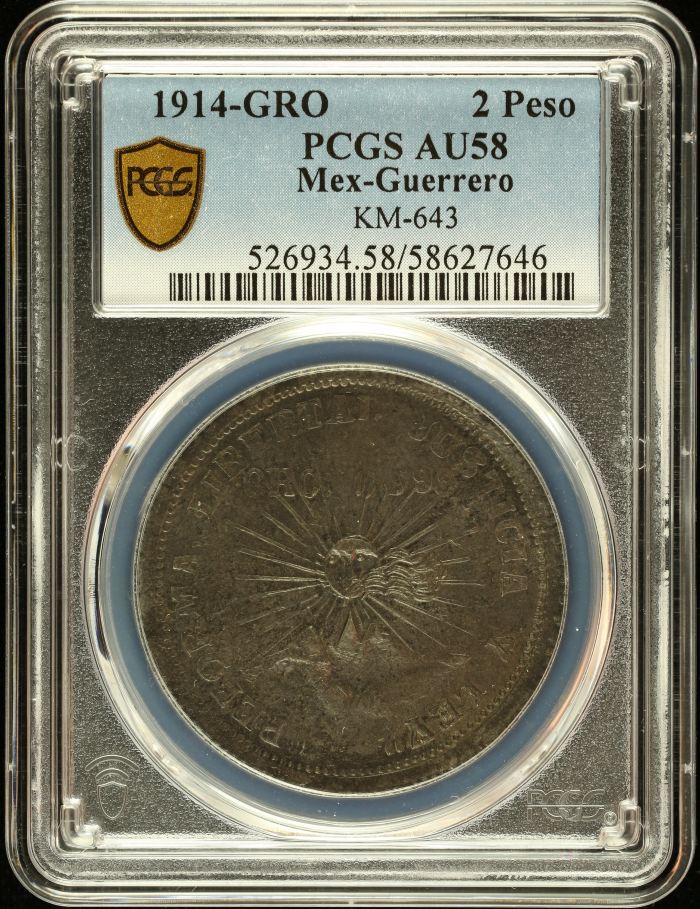 Guerrero 2 Peso 1914 GRO KM-643 PCGS AU58 0147000Guerrero 2 Peso 1914 GRO KM-643 PCGS AU58 0147000