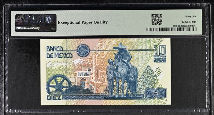 Bancos 10 Nuevos Pesos 1992 Pick #99 PMG Gem UNC66 EPQ f_35501Bancos 10 Nuevos Pesos 1992 Pick #99 PMG Gem UNC66 EPQ f_35501 - Image 2