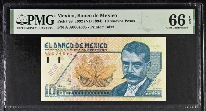 Bancos 10 Nuevos Pesos 1992 Pick #99 PMG Gem UNC66 EPQ f_35501Bancos 10 Nuevos Pesos 1992 Pick #99 PMG Gem UNC66 EPQ f_35501