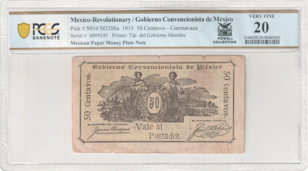 2017 MEXICAN PAPER MONEY PLATE NOTE Revolutionary Currency 50 Centavos 1915 Morelos M3200a PCGS VF20 f_35499
