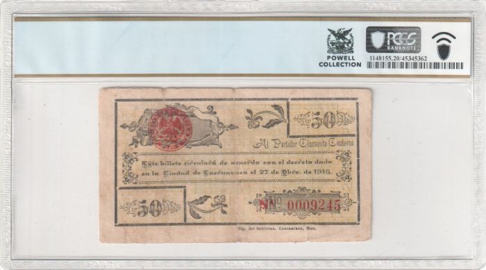 2017 MEXICAN PAPER MONEY PLATE NOTE Revolutionary Currency 50 Centavos 1915 Morelos M3200a PCGS VF20 f_354992017 MEXICAN PAPER MONEY PLATE NOTE Revolutionary Currency 50 Centavos 1915 Morelos M3200a PCGS VF20 f_35499 - Image 2
