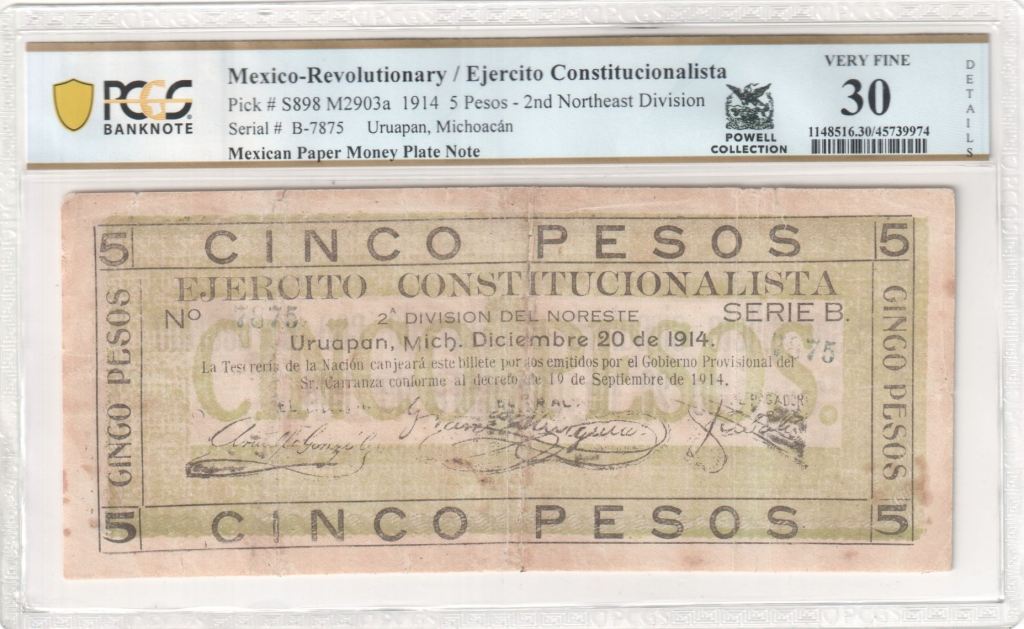 2017 MEXICAN PAPER MONEY PLATE NOTE Revolutionary Currency 5 Pesos 1914 Michoacan M2903a PCGS VF30 Details f_35500
