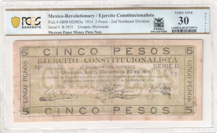 2017 MEXICAN PAPER MONEY PLATE NOTE Revolutionary Currency 5 Pesos 1914 Michoacan M2903a PCGS VF30 Details f_355002017 MEXICAN PAPER MONEY PLATE NOTE Revolutionary Currency 5 Pesos 1914 Michoacan M2903a PCGS VF30 Details f_35500