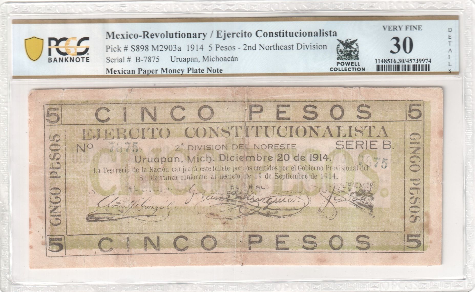 2017 MEXICAN PAPER MONEY PLATE NOTE Revolutionary Currency 5 Pesos 1914 Michoacan M2903a PCGS VF30 Details f_35500