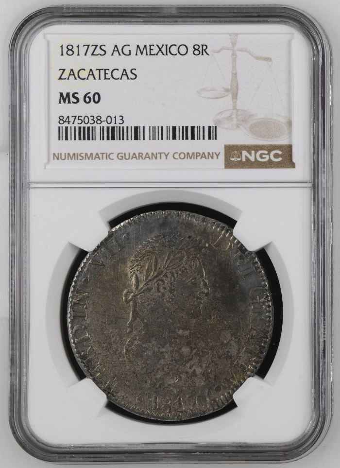 War For Independence 8 Reales 1817 Zs AG NGC MS60 0147597War For Independence 8 Reales 1817 Zs AG NGC MS60 0147597
