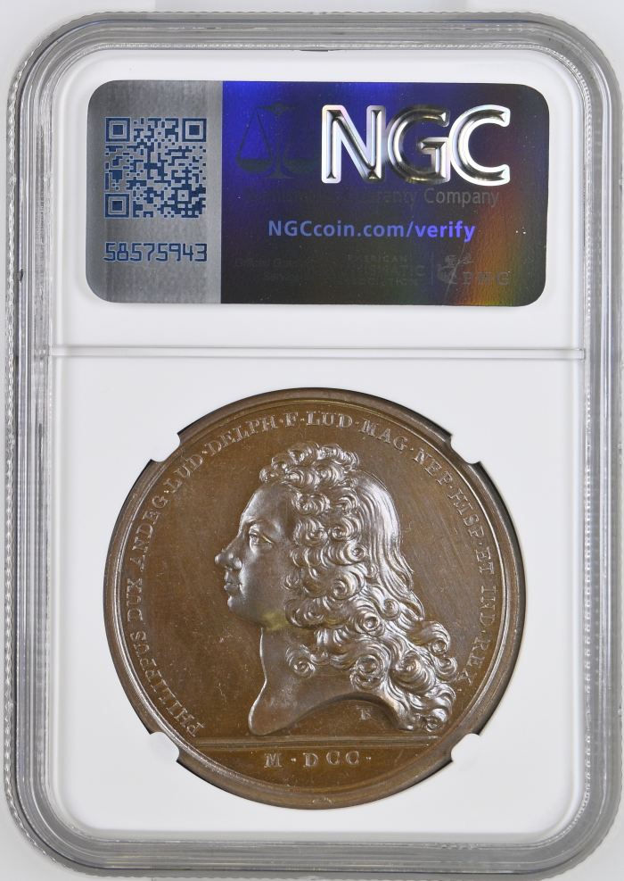 France In Honor to Philippe Bronze Medal 1700 DIVO-285 NGC MS64BN 0148217France In Honor to Philippe Bronze Medal 1700 DIVO-285 NGC MS64BN 0148217 - Image 2