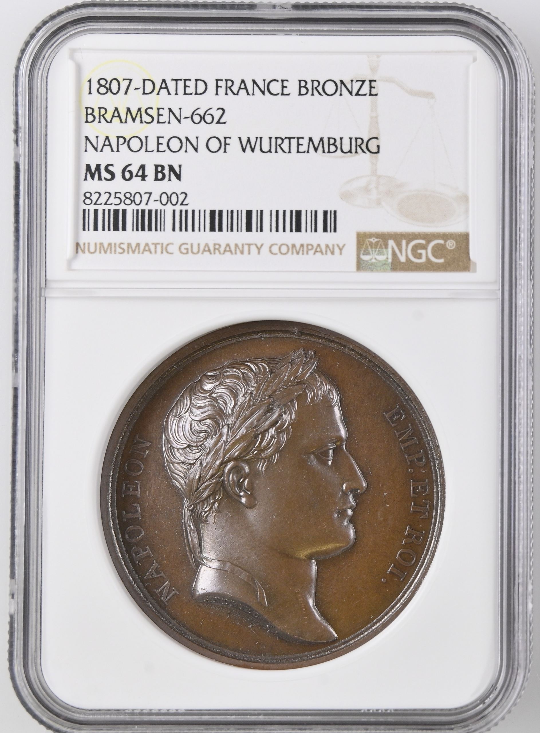 France Napoleon of Wurtemburg Bronze Medal 1807 Bramsen-662 NGC MS64BN 0148236