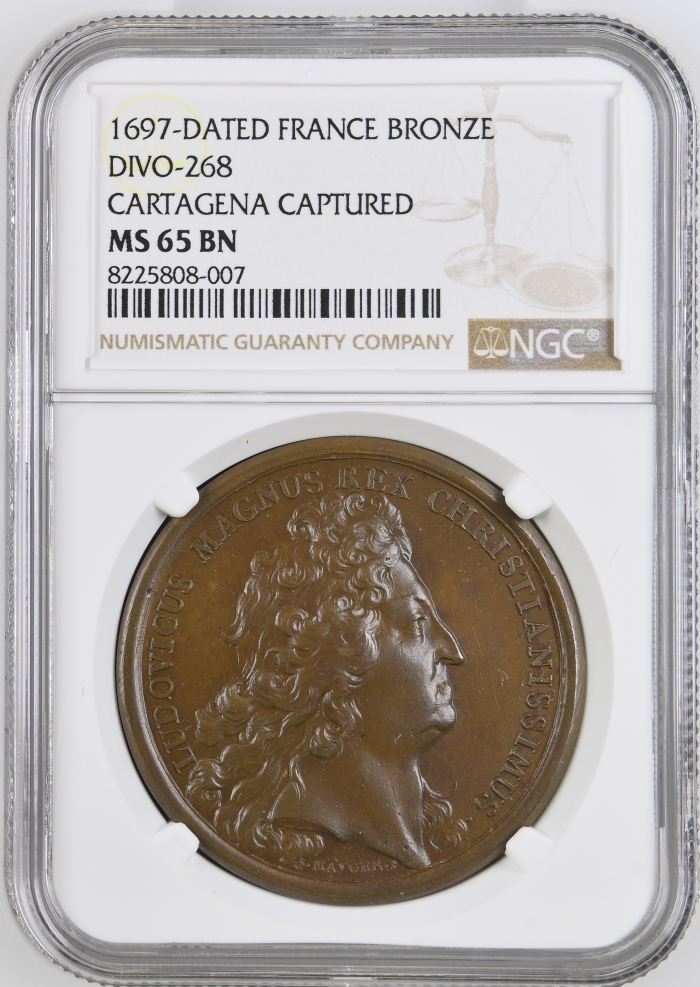 France Cartagena Captured Bronze Medal 1697 DIVO-268 NGC MS65BN 0148245France Cartagena Captured Bronze Medal 1697 DIVO-268 NGC MS65BN 0148245