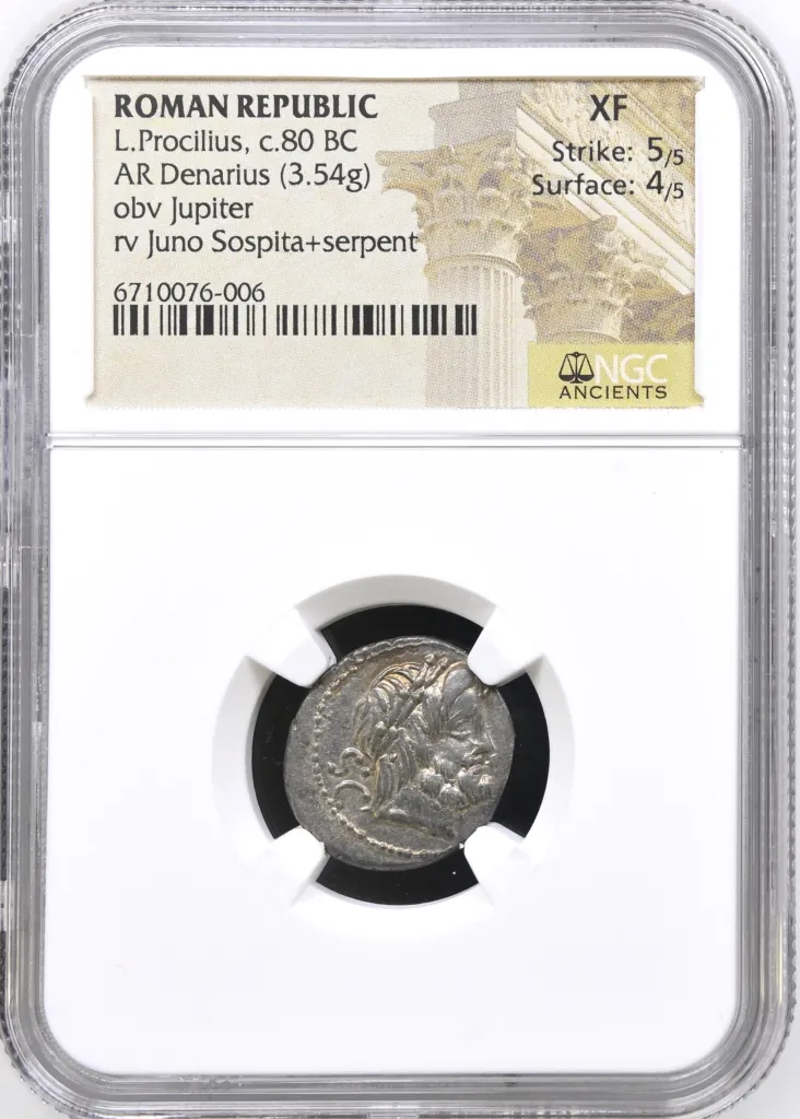 Ancient Coins Roman Republic Roman Republic L. Procilius c.80 BC AR Denarius NGC XF 0148565 Roman Republic L. Procilius c.80 BC AR Denarius NGC XF 0148565