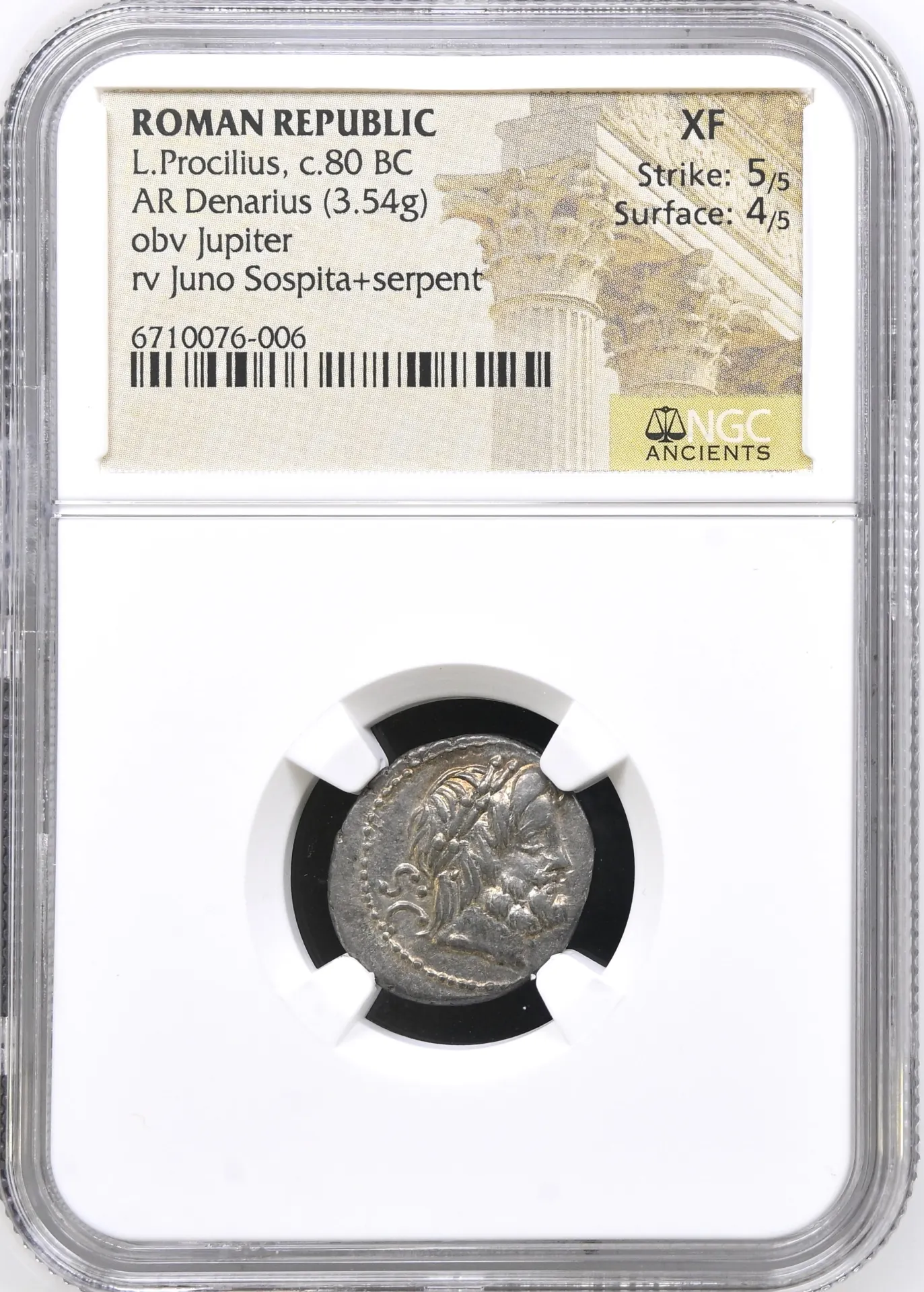 Roman Republic L. Procilius c.80 BC AR Denarius NGC XF 0148565