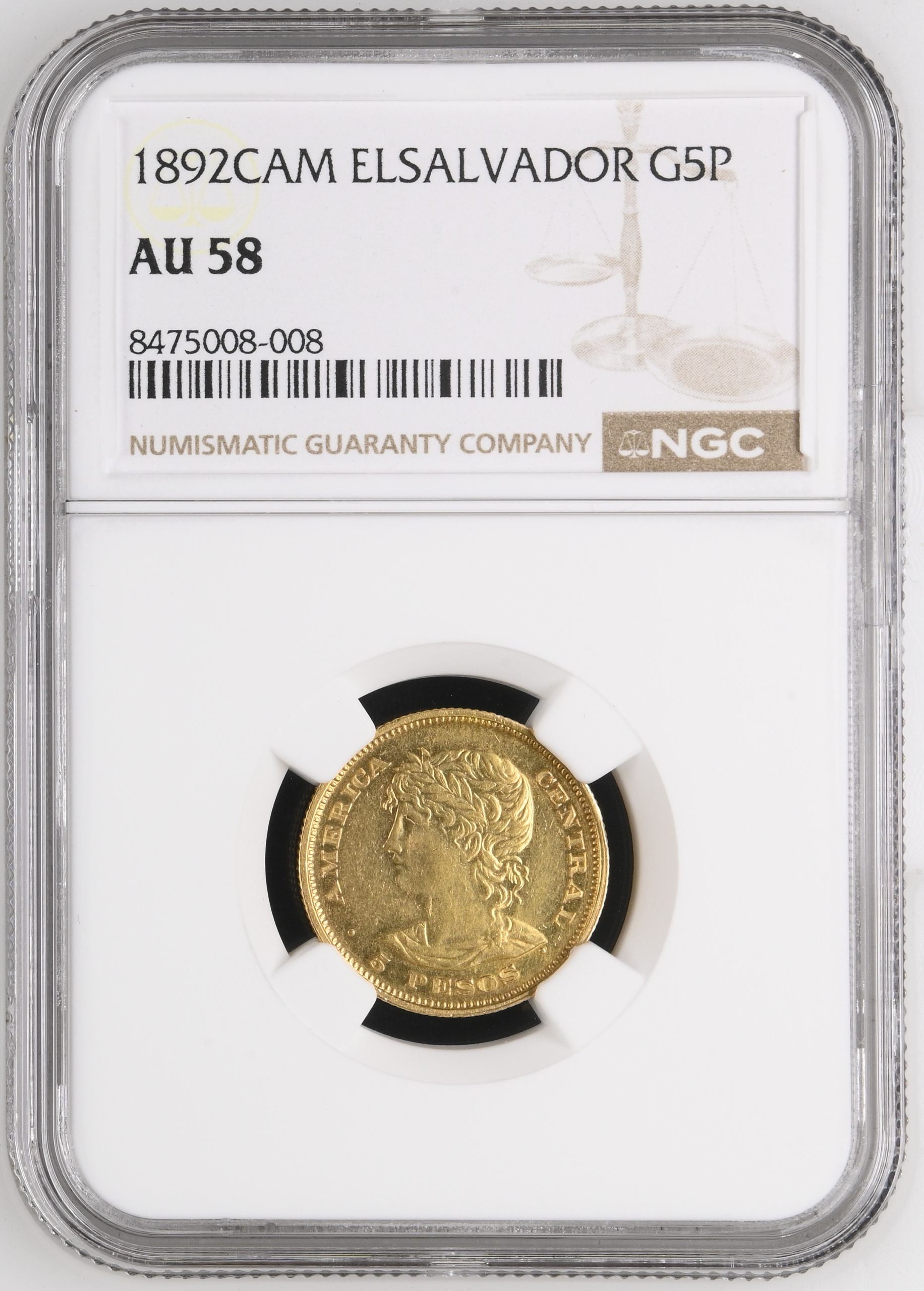 El Salvador 5 Peso 1892 CAM NGC AU58 0148569