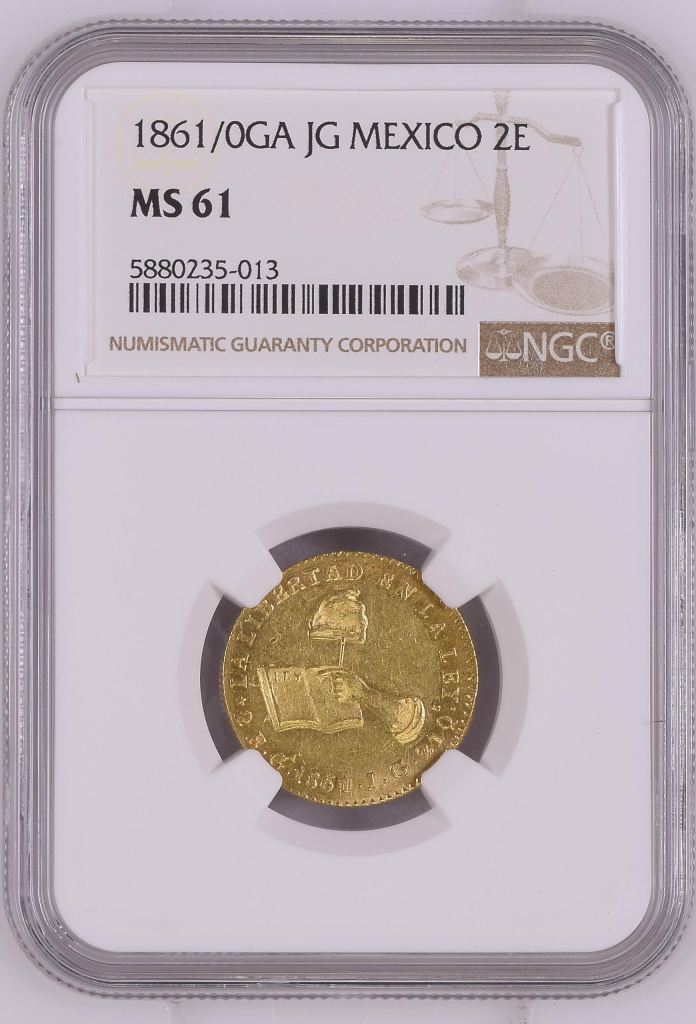 Republic Gold 2 Escudos 1861/0 Ga JG NGC MS61 0148621