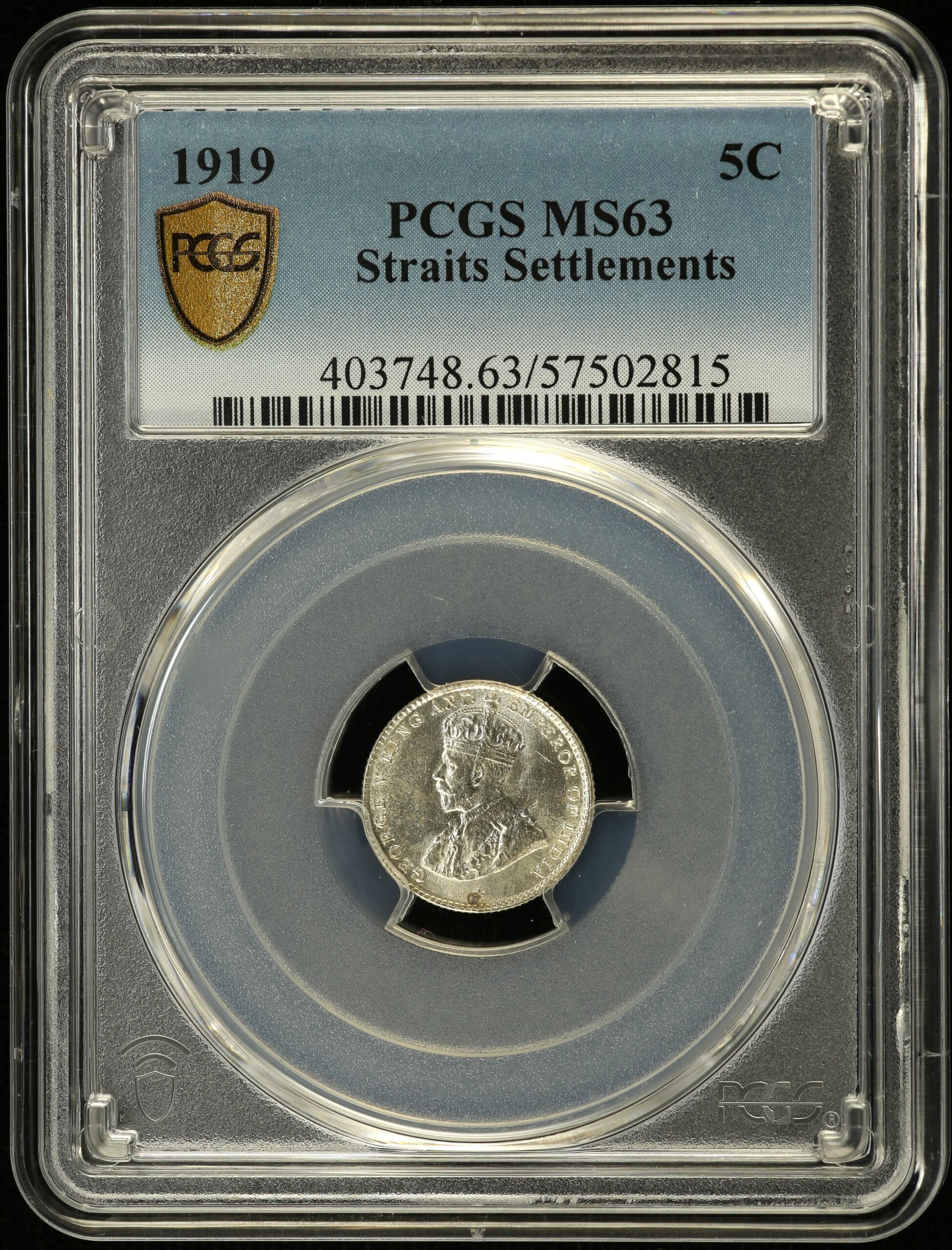 Straits Settlements 5 Cents 1919 PCGS MS63 0148626
