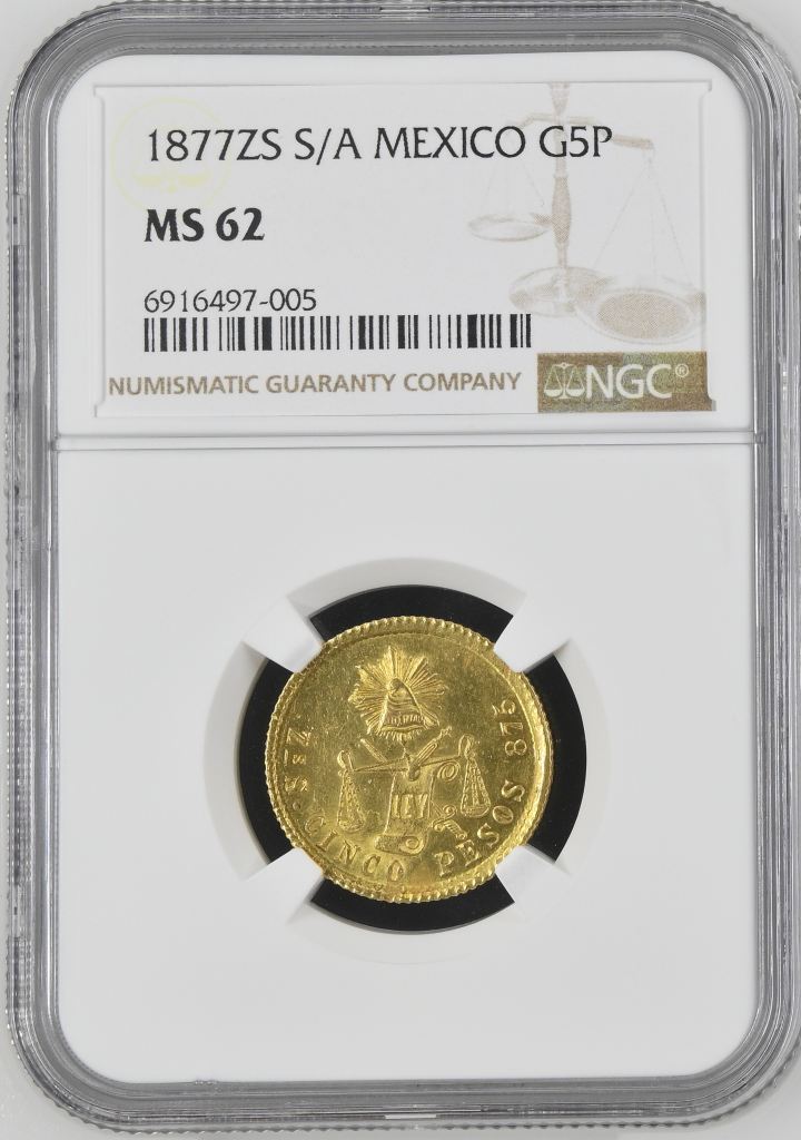 Republic Gold 5 Peso 1977 Zs S/A NGC MS62 0149310