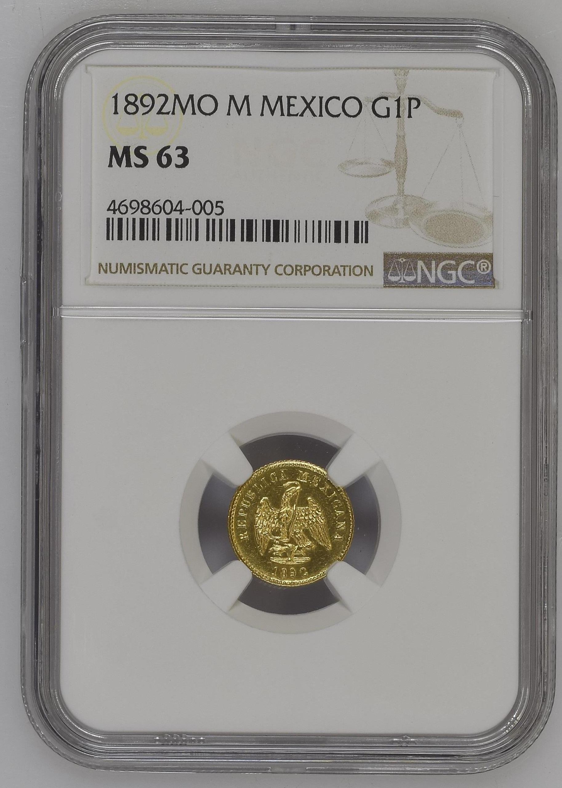 Republic Gold Peso 1892 Mo M NGC MS63 0149489