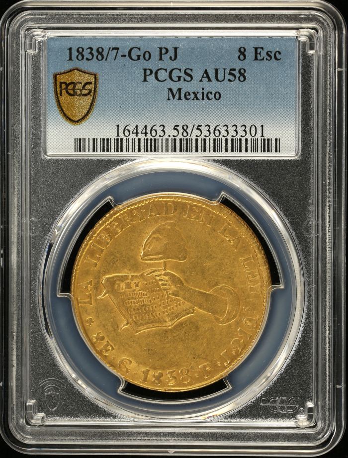 Republic Gold 8 Escudos 1838/7 Go PJ PCGS AU58 0149314Republic Gold 8 Escudos 1838/7 Go PJ PCGS AU58 0149314