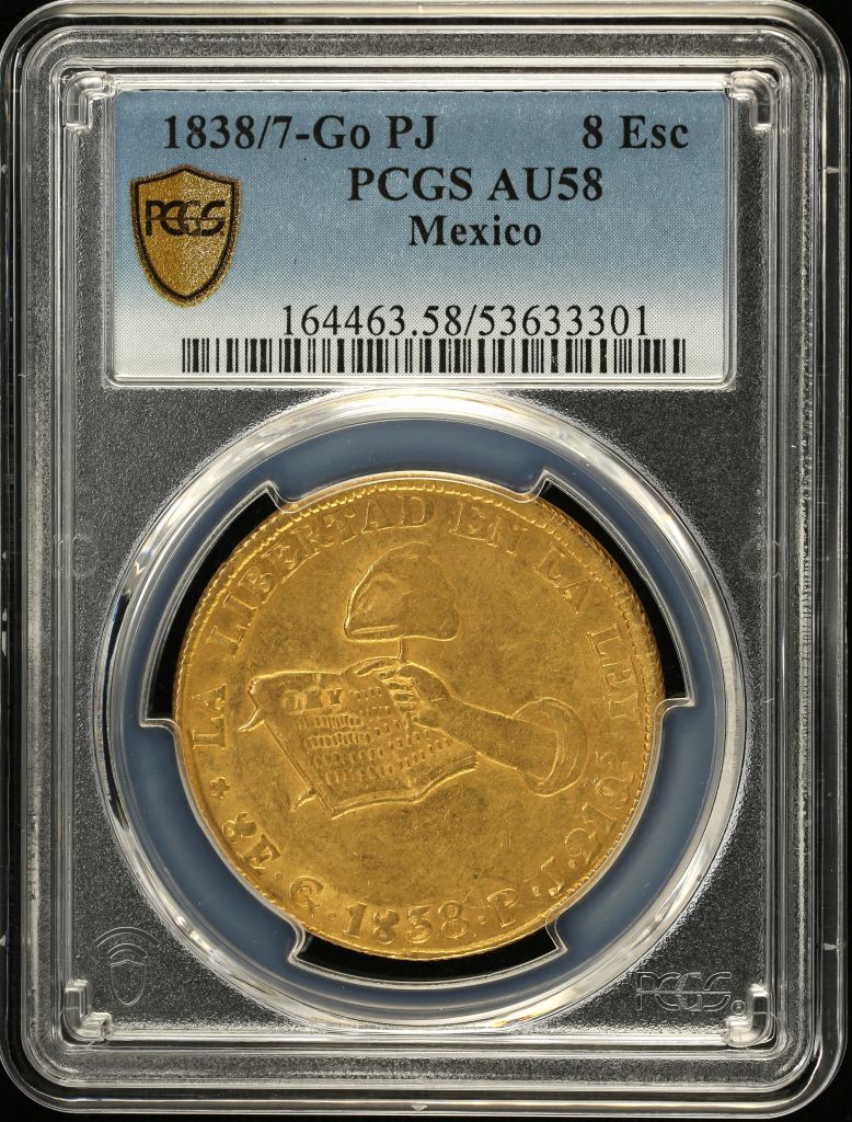 Republic Gold 8 Escudos 1838/7 Go PJ PCGS AU58 0149314