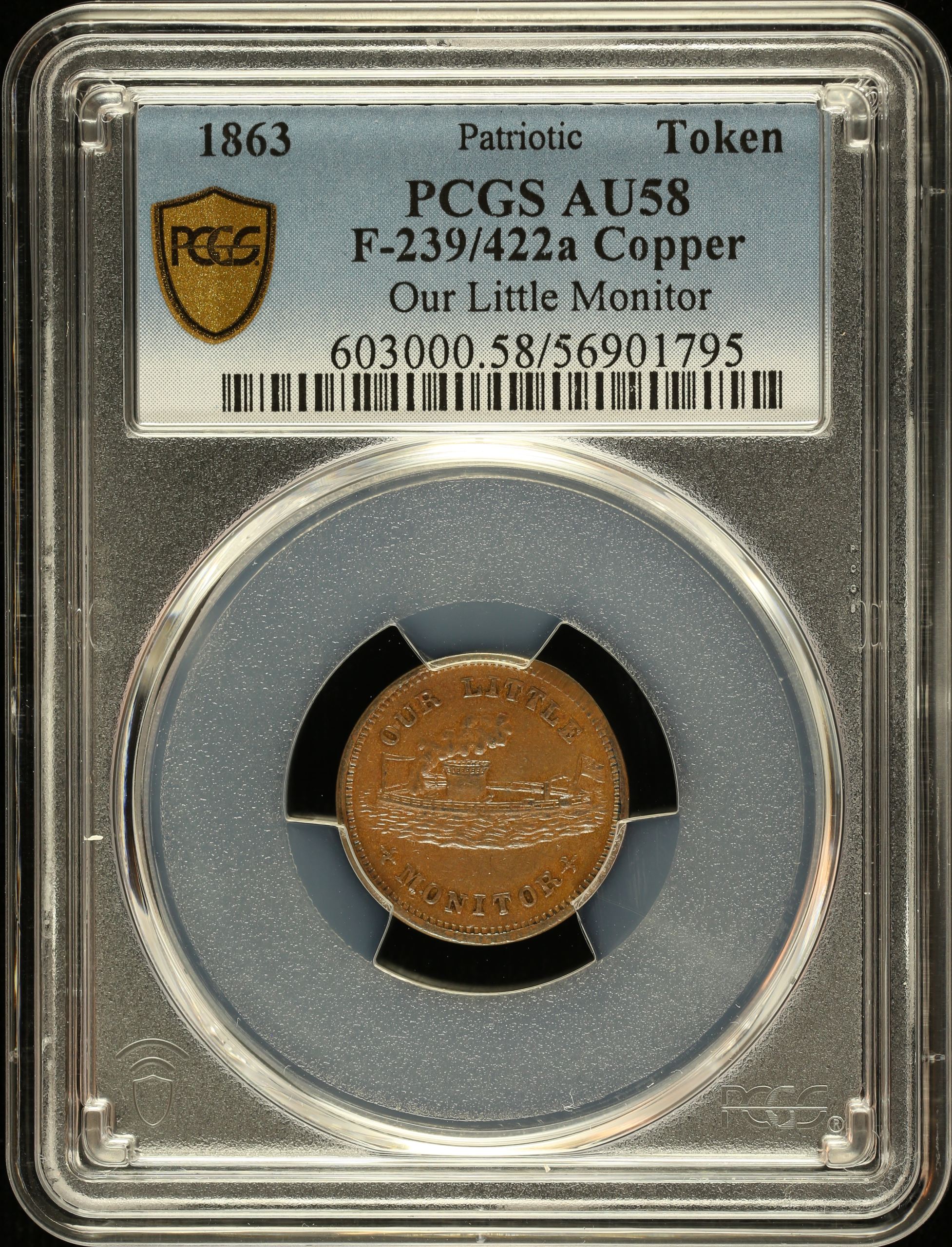 United States Our Little Monitor Copper Token 1863 F-239/422a PCGS AU58 0148548