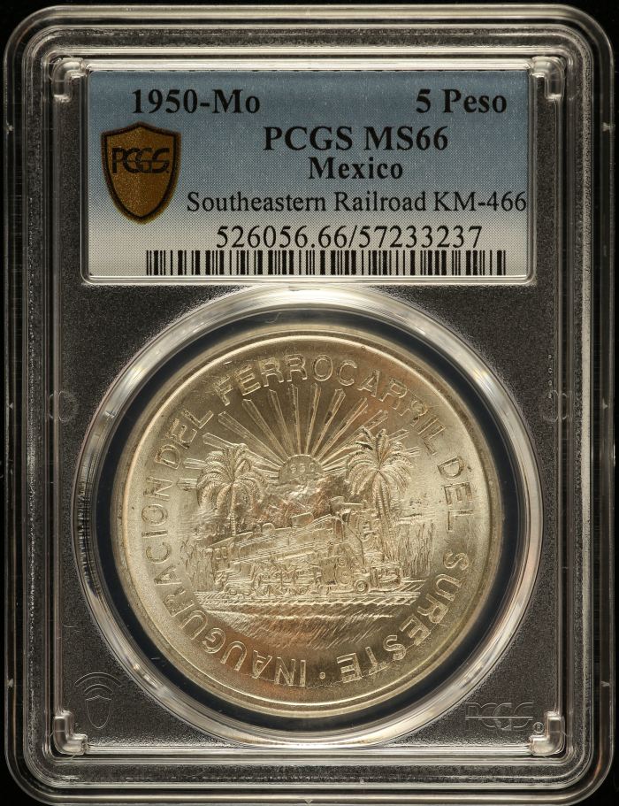 Modern Silver & Minors 5 Peso 1950 Mo PCGS MS66 KM-466 0149325Modern Silver & Minors 5 Peso 1950 Mo PCGS MS66 KM-466 0149325