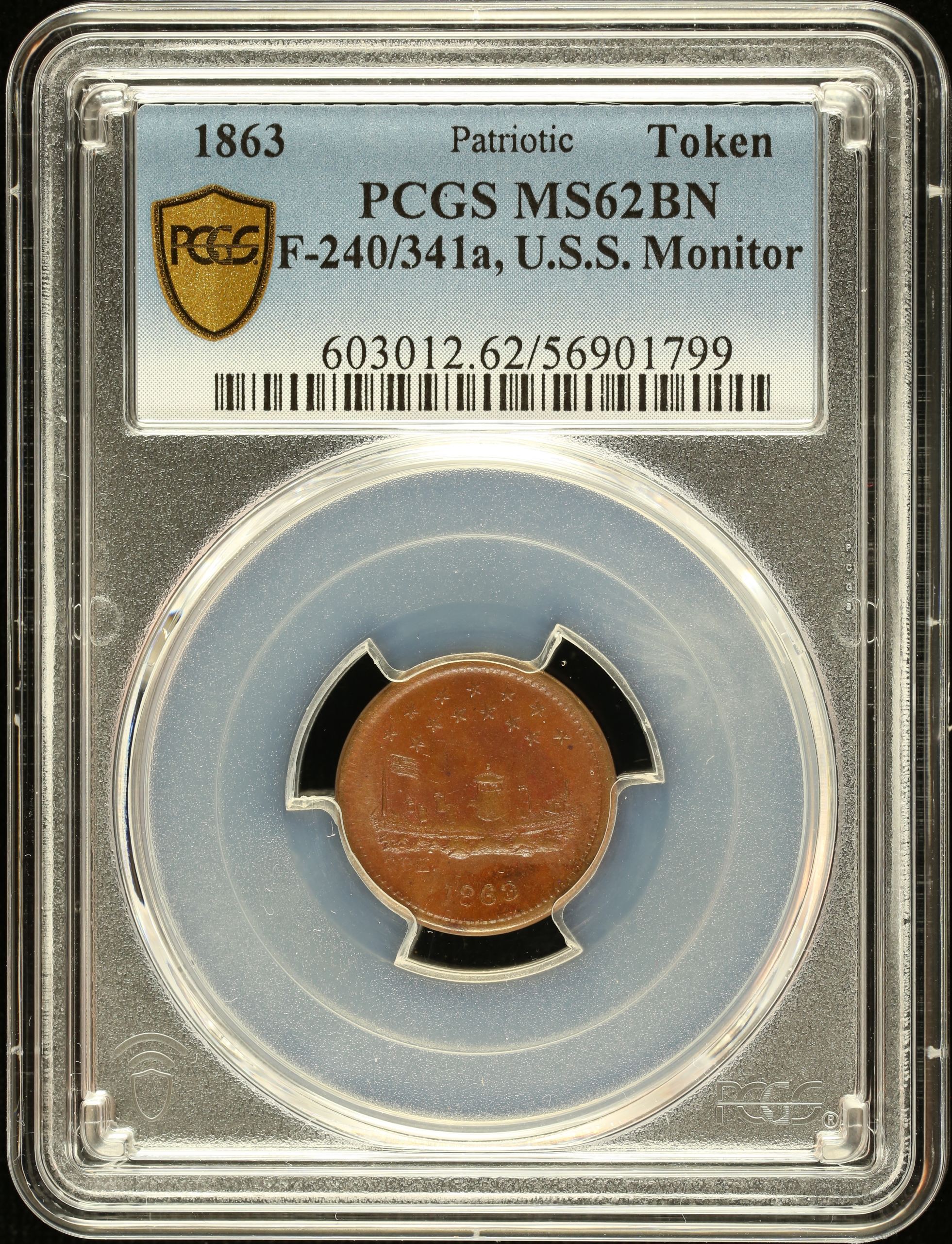 United States USS Monitor Copper Token 1863 F-240/341a PCGS MS62BN 0148550