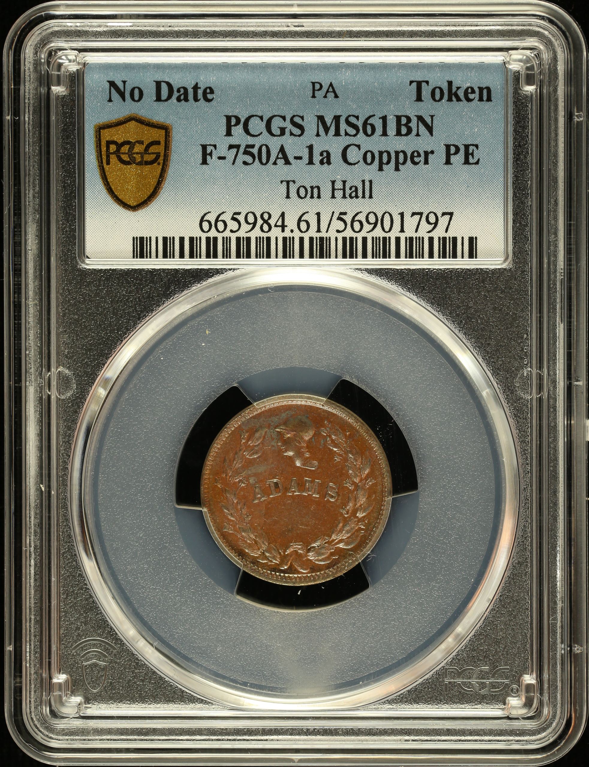 United States Ton Hall Copper Token (PA) F-750A-1a PCGS MS61BN 0148551