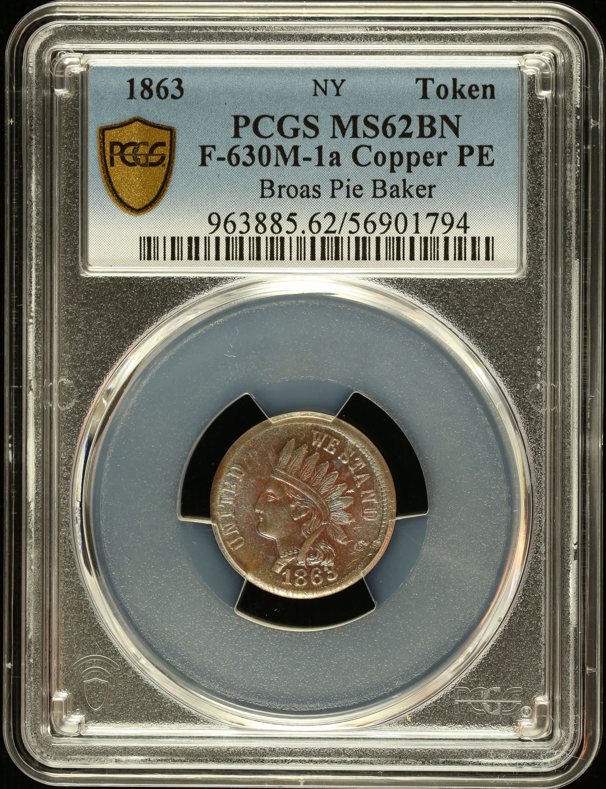 United States Broas Pie Baker Copper Token (NY) 1863 F-630M-1a PCGS MS62BN 0148552