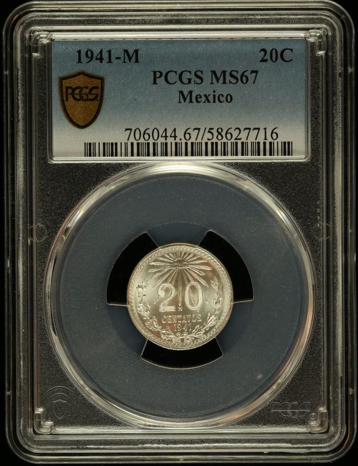 Modern Silver & Minors 20 Centavo 1941 M PCGS MS67 0147284Modern Silver & Minors 20 Centavo 1941 M PCGS MS67 0147284