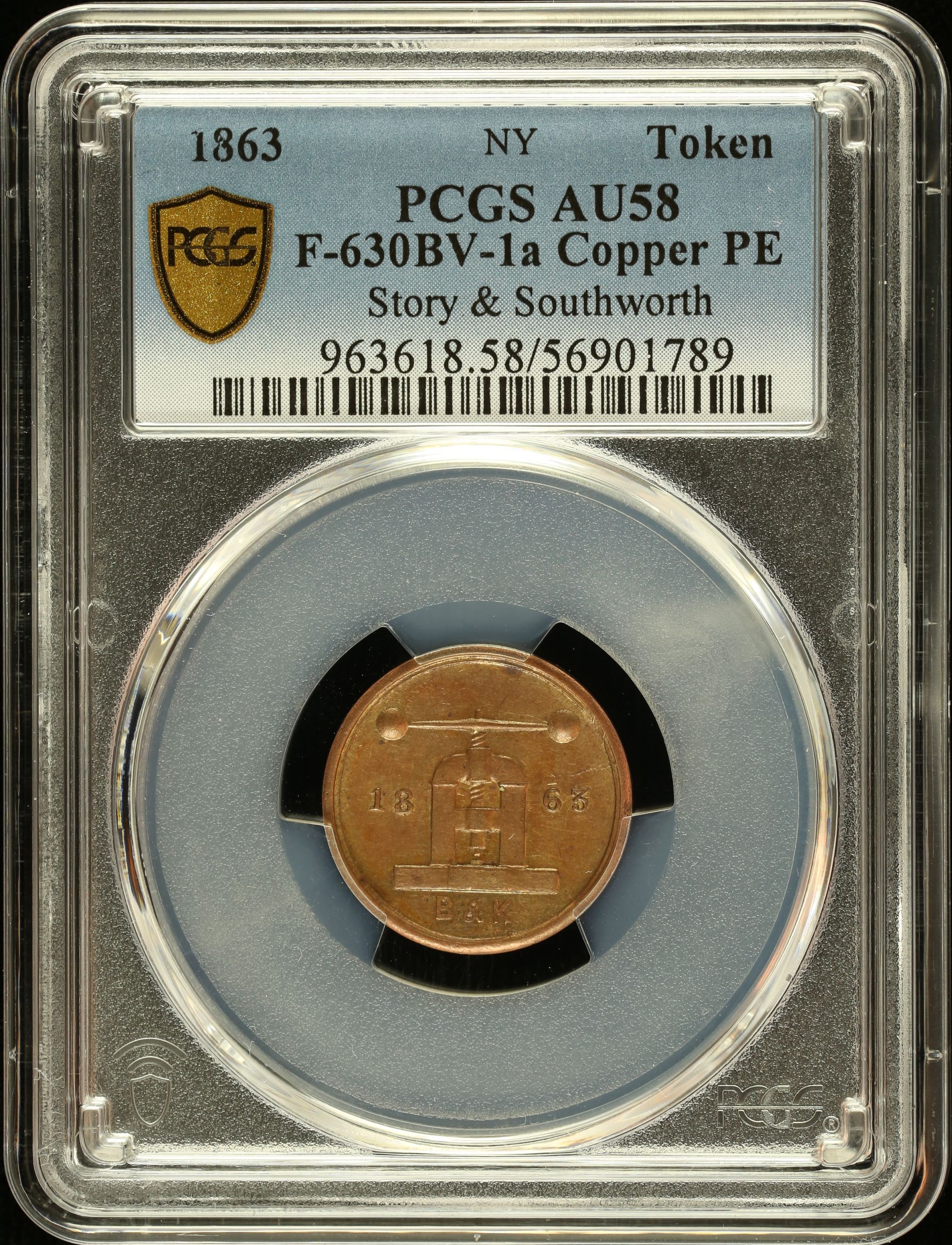 United States Story & Southworth Copper Token (NY) 1863 F-630BV-1a PCGS AU58 0148555