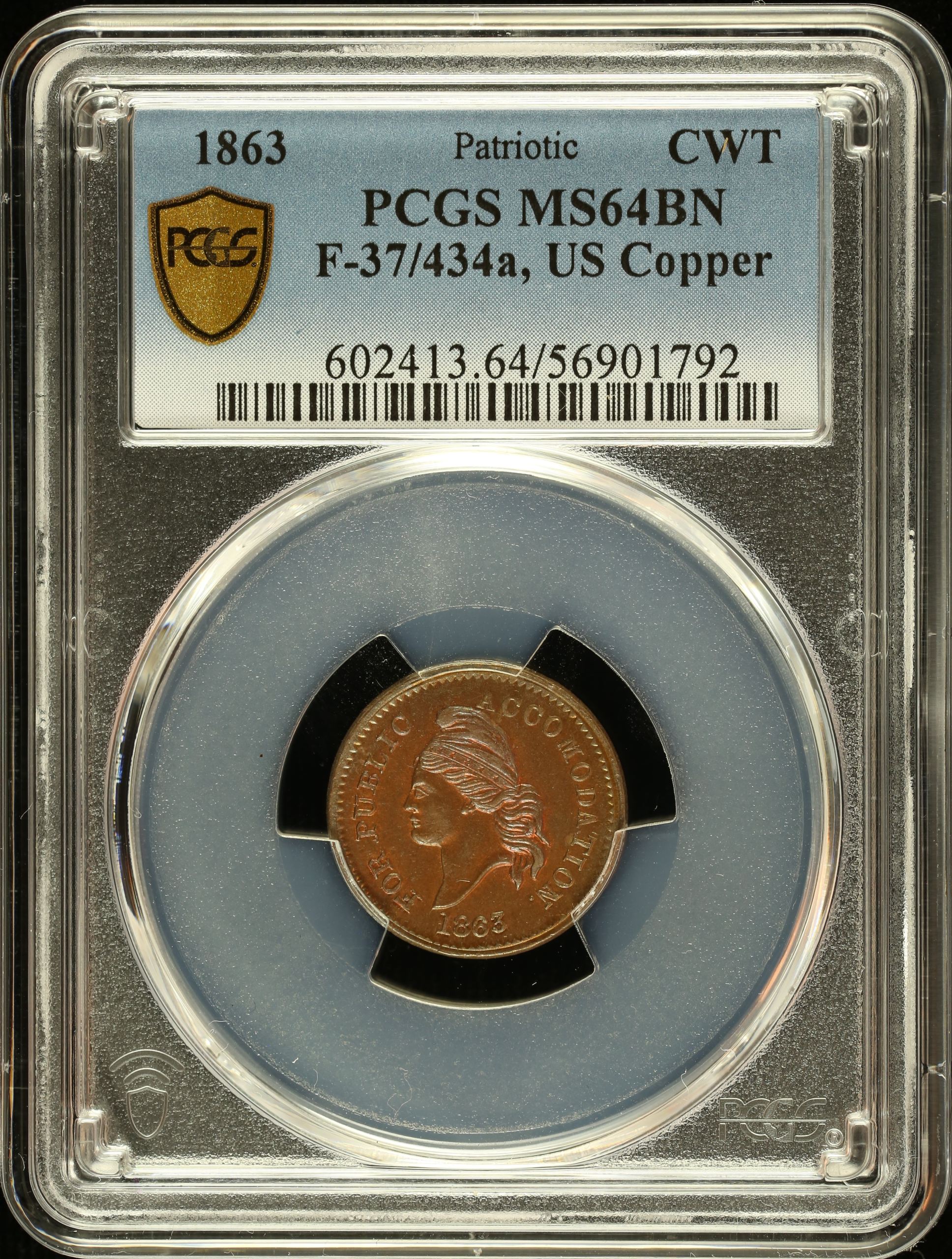 United States Copper Civil War Token 1863 F-37/434a PCGS MS64BN 0148556