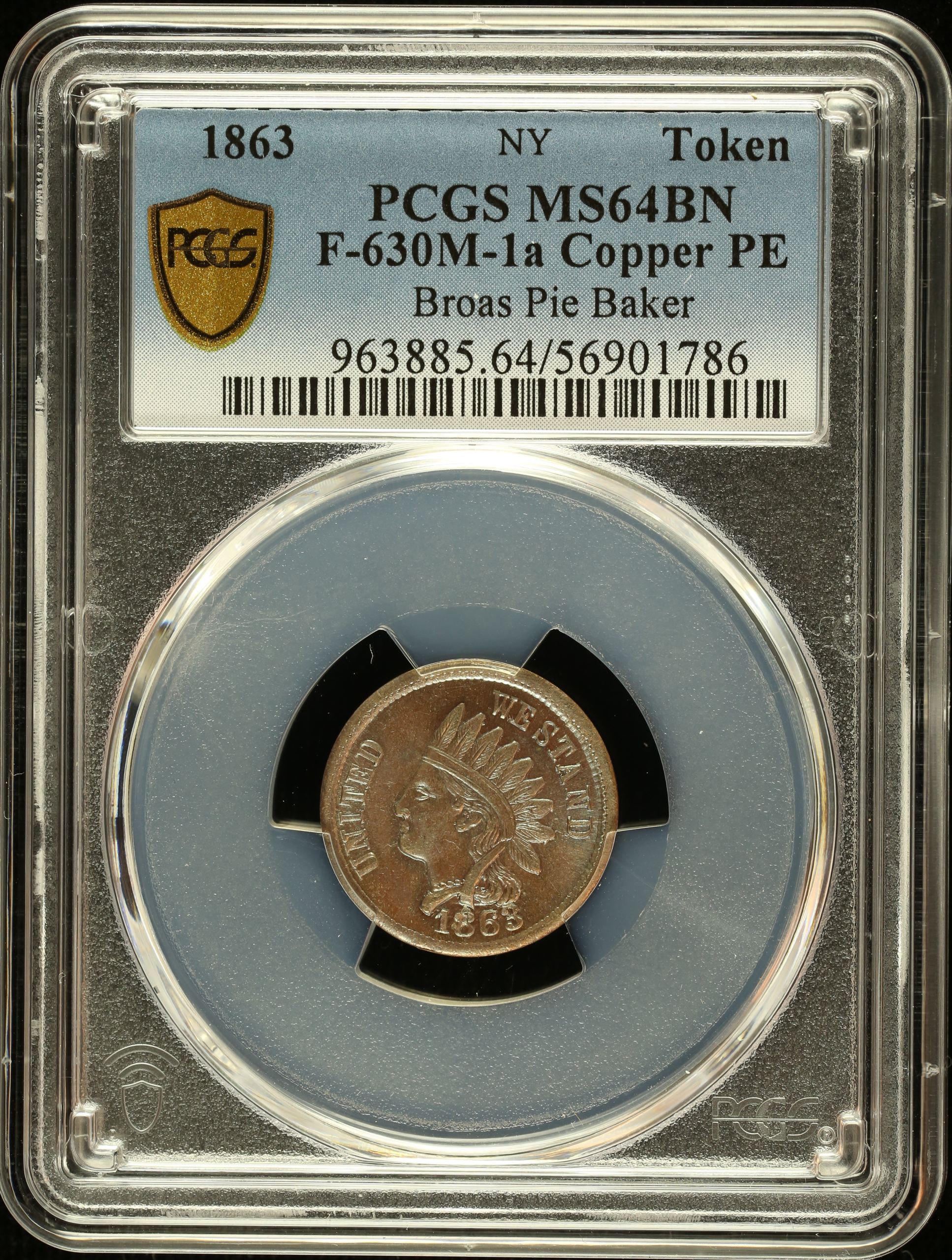 United States Broas Pie Baker Copper Token (NY) 1863 F-630M-1a PCGS MS64BN 0148557