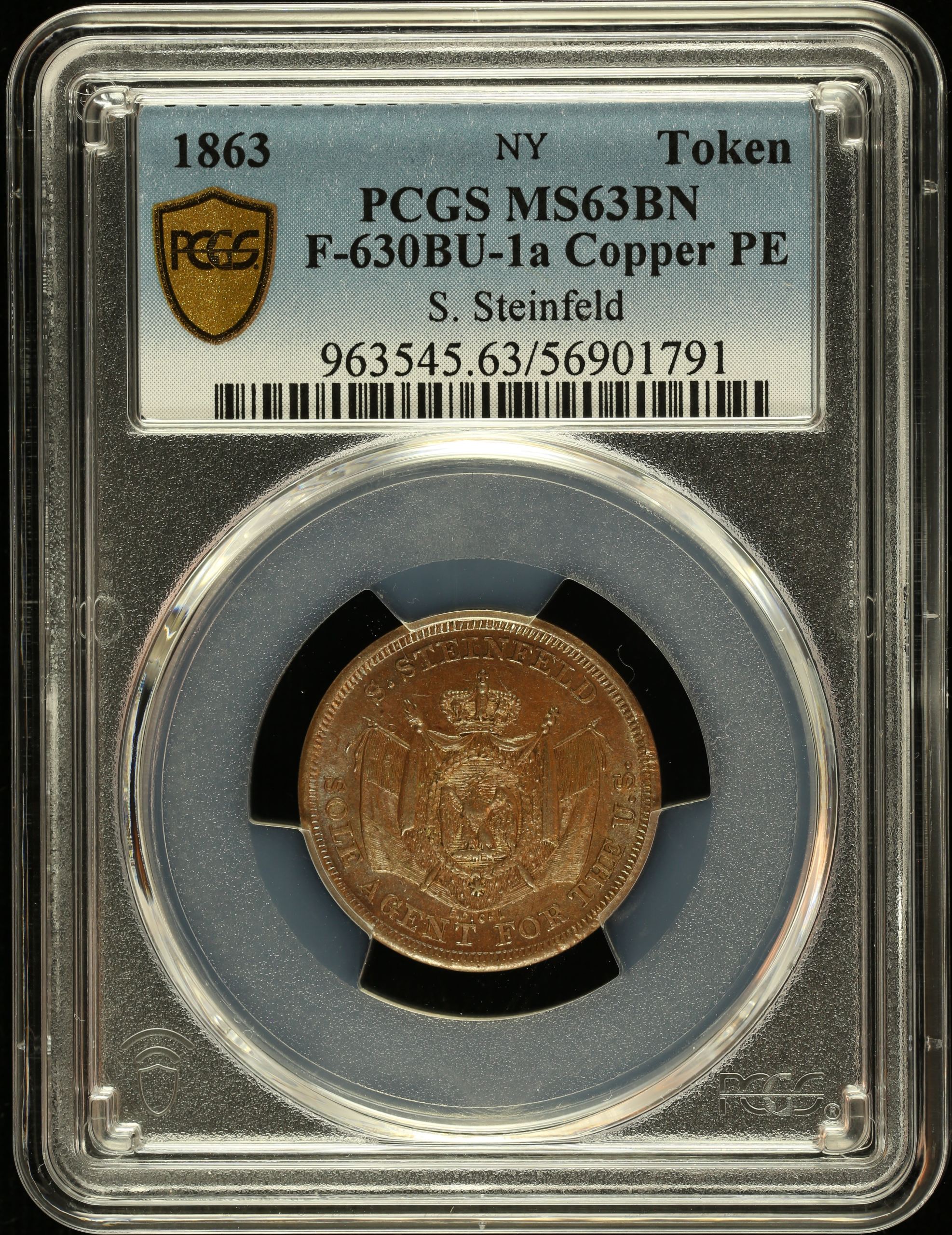 United States S. Steinfeld Copper Token (NY) 1863 F-630BU-1a PCGS MS63BN 0148558
