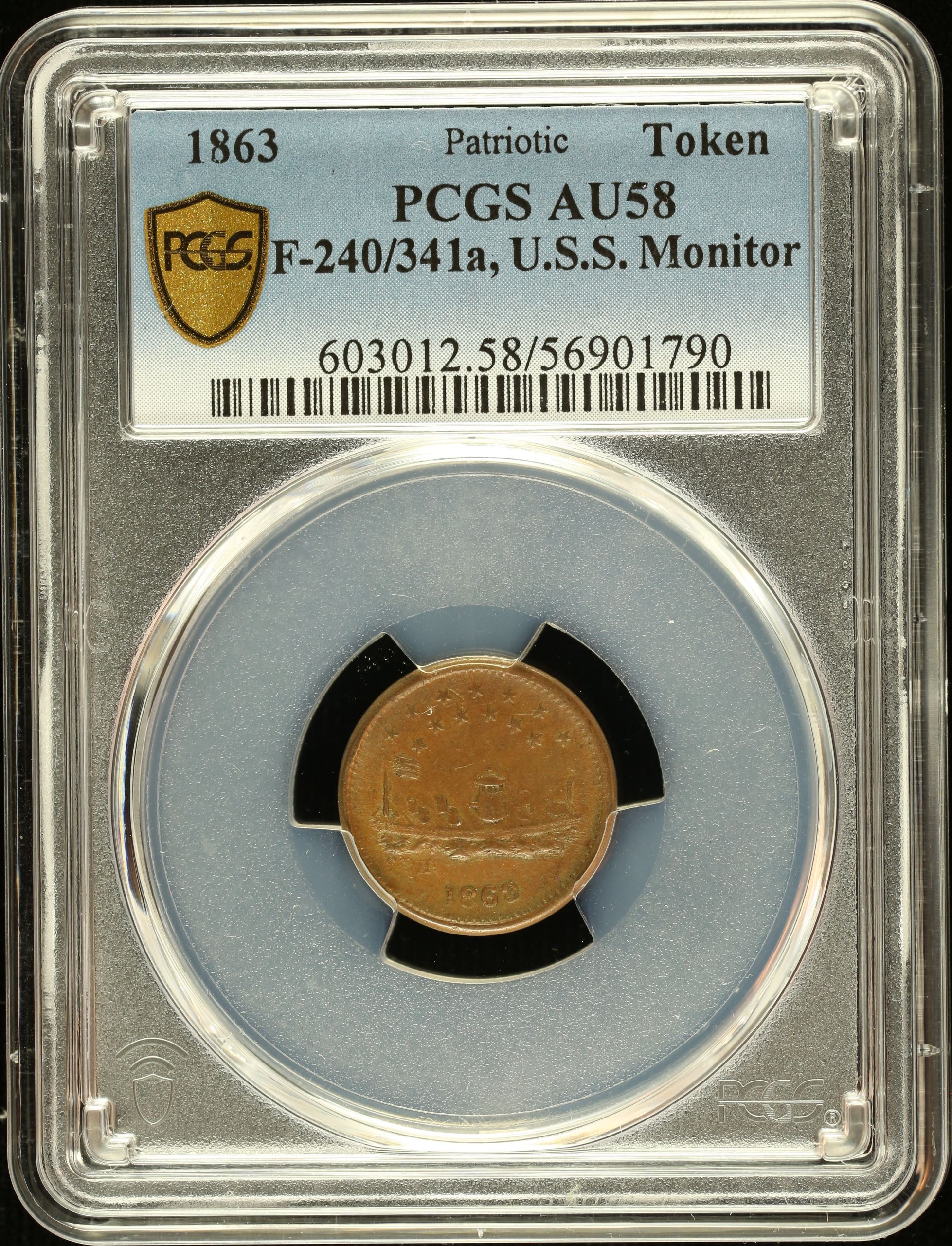 United States USS Monitor Copper Token  1863 F-240/341a PCGS AU58 0148560