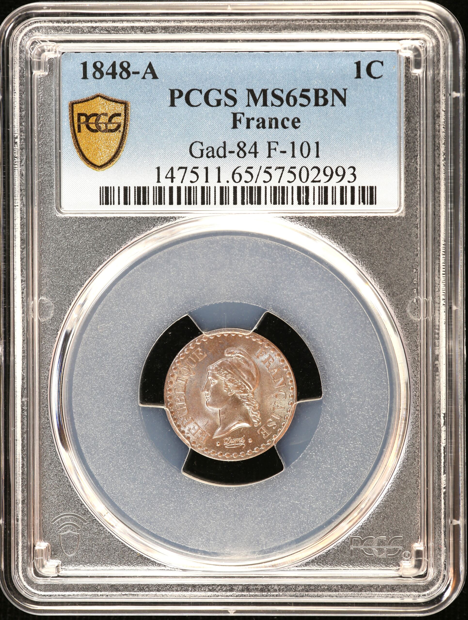 France Centime 1848 A Gad-84 F101 PCGS MS65BN 0150395