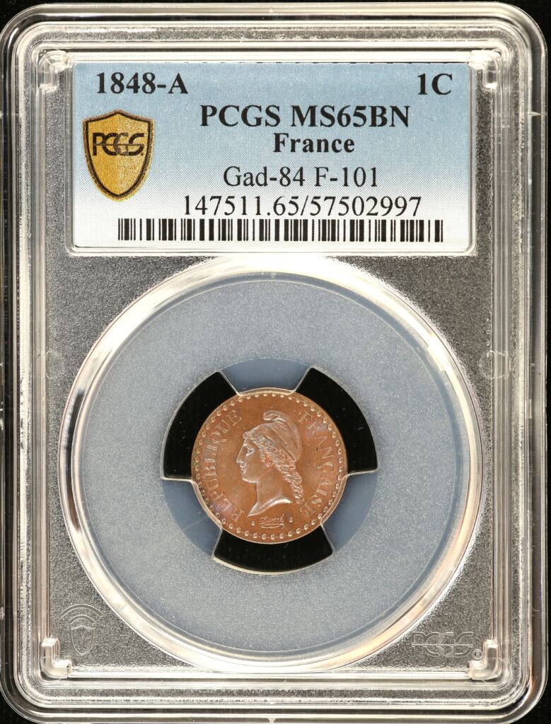 Europe  France  World Coins France Centime 1848 A Gad-84 F-101 PCGS MS65BN 0150396 France Centime 1848 A Gad-84 F-101 PCGS MS65BN 0150396
